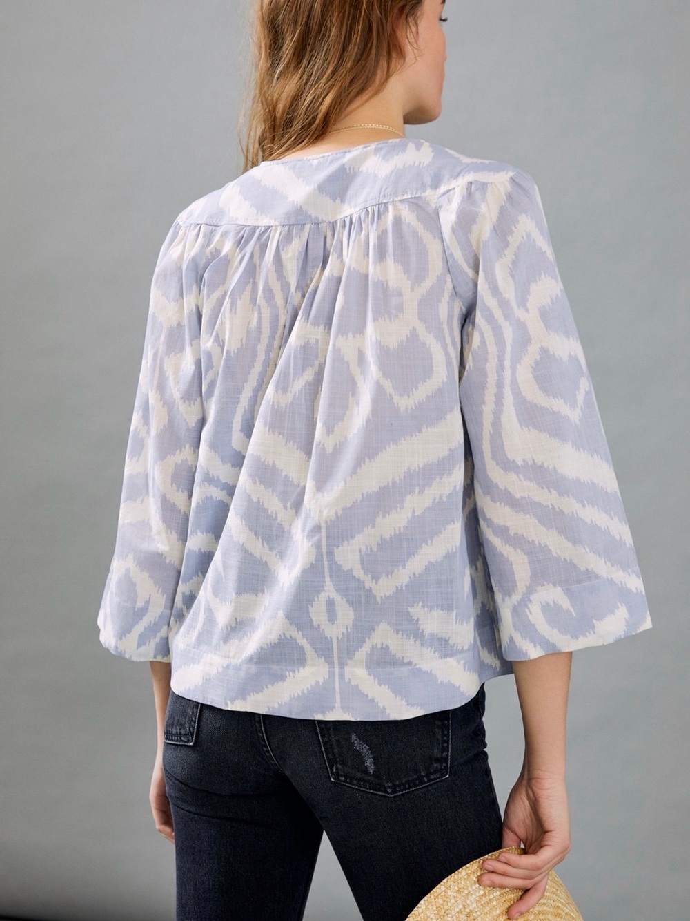 Anthropologie Light Blue & White Ikat V-Neck Blouse - Picture 2 of 7
